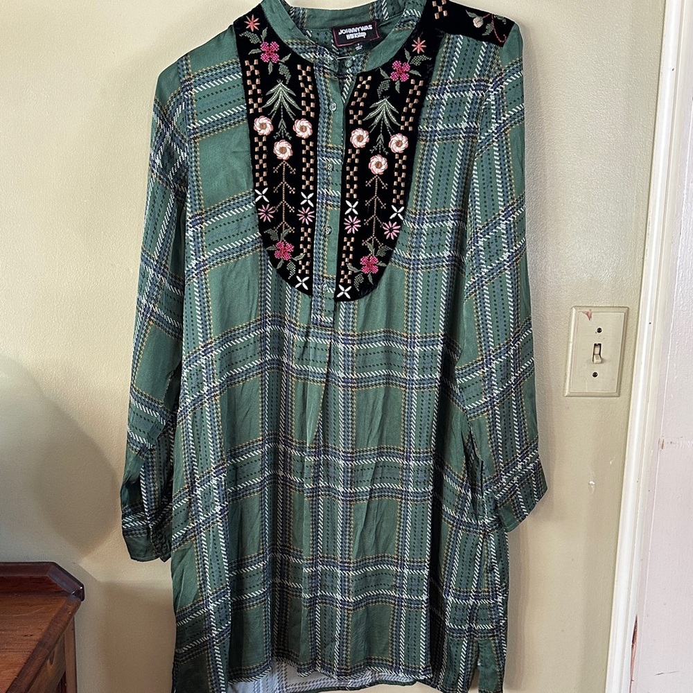 Johnny Was Plaid Tunic with Floral Embroidery